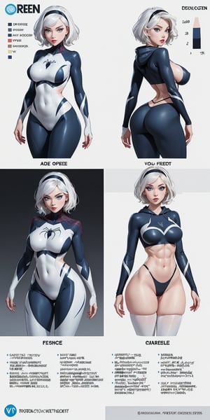 More Detail, Detailedeyes, Detailedface, (1 girl, young female, white hair, short hair, blue eyes, curvy, large breasts, large ass, thick thighs, wide hips, abs, voloptuous), (spider-gwen suit, face mask, hoodie, hairband), BREAK (Infographic drawing, The concept character sheet, Multiple sexy poses)
