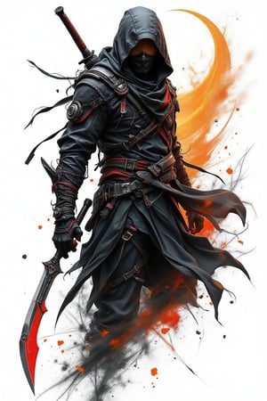 line art 2.5D anime style, an ninja assassin,.wear hoodie, wear a  half assassin mask, wield a dual blade with grip at center part, curving like a moon shape, white background, fully with smoke and foggy (line stroke style), the art mixing with black, white, orange and red colors