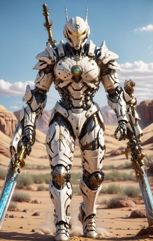 Masterpiece, Create a full body length of a warrior. In a desert.  Holding the big sword, Front view. Mechanical Armor. White armor. Firefly from: Star Rail. Extremely Realistic, Hyper Detailed, High quality, Cinematic Lighting Photography, nvidia rtx, super-resolution, unreal 5, subsurface scattering, pbr texturing, 32k UHD, Photorealistic, Hyperrealistic, Detailed, Octane, iso300.