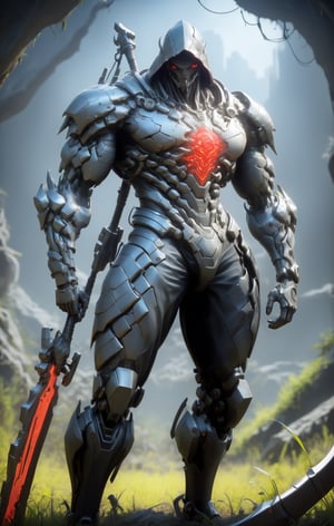 A futuristic sci-fi scene featuring the neon man, a mysterious figure with intricate details on his skin and armor, standing in an eerie overgrown field. The air is electric as he swings a majestic scythe with a steel chain handle, illuminating the darkness with a mesmerizing neon red glow. In the background, remnants of a forgotten civilization loom large, shrouded in shadows and mystery. Cinematic film still, dark fantasy, high budget, shallow depth of field, vignette, highly detailed, bokeh, cinemascope, moody, epic, gorgeous, film grain, grainy