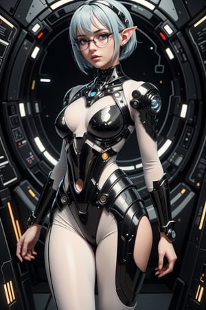 (masterpiece, high quality, 8K resolution). 
A highly detailed anime illustration that combines fantasy and science fiction.
Character: A young beautiful elven woman, blue hair, straight bob, stylish glasses. Dressed in a military uniform consisting of a futuristic uniform and tight trousers. Detailed outfit.
Background: The bridge of a spaceship. A porthole with a view of open space..
Details: It depicts a minor character in a space opera who is a crowd favorite. Close up portrait. Detailed, sensual, Drawn in the style of Ghost in the Shell, influenced by the Mass Effect video game series. A cruel and cold universe, which is reflected in the colors and style of drawing. REALNIME