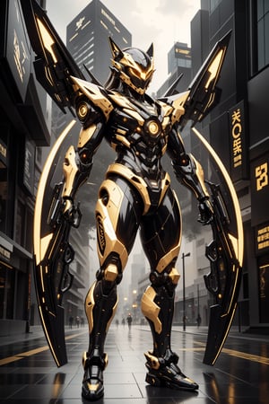 full body view, black and gold color, a sleek mecha foxboy warrior, with sleek and cybernatic foxboy helmet with fox ear design, cybernatic wings, cybernatic scythe, inticated, glossy gold, ultra sharp, full cybernatic, fighting stance on the roof top buiding of cybernatic city, low angle shot, action pose, photo-ultrarealistic, dramatic, vivid colors, sharp focus, HDR, UHD, 16mm, color graded Portra 400 film, extreme colors, Hyper Detailed, Cinematic Lighting Photography cap