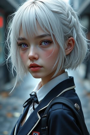 (dramatic:1.4) , hyper detailed , cover magazine featuring a realistic sexy girl with, a pretty face, white hair, (bob long haircut style) , purple eyes, (sexy school uniform:1.2), vivid colors, 8k, UHD, HDR, (Masterpiece:1.5) , (best quality:1.5) ,