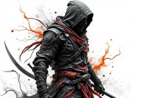 line art 2.5D anime style, an ninja assassin,.wear hoodie, wear a  half assassin mask, wield a dual blade with grip at center part, curving like a moon shape, white background, fully with smoke and foggy (line stroke style), the art mixing with black, white, orange and red colors