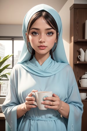 digital illustration painting on wet canvas of beautiful white moeslima woman,soft makeup,wearing soft blue color hijab and light blue blouse with green paisley print,holding a cup of lattee.bg well decorated cafe ,soft realism,soft painterly,modern soft pastel colors,bold stroke lines,white background,negative space,inspired by Alena Tkach