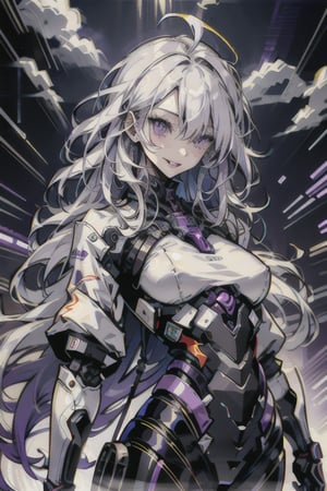 android, mechanical arms, lightning, purple lightning, clouds, (dark theme:1.3), outstretched arms, wide eyed, limited pallete, cinematic lighting, backlight, white hair, absurdly long hair, hair over one eye, purple eyes, seductive smile, evil smile, wide-eyed, head tilt, white jacket, purple, purple theme, open mouth, constricted pupils, ,Futuristic