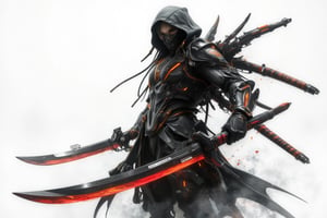 line art 2.5D anime style, an ninja assassin,.wear hoodie, wear a  half assassin mask, wield a dual blade with grip at center part, curving like a moon shape, white background, fully with smoke and foggy (line stroke style), the art mixing with black, white, orange and red colors