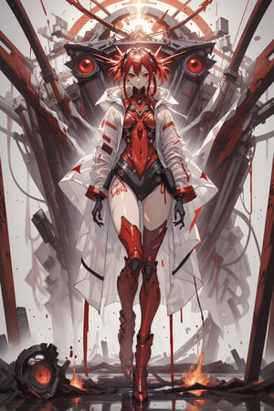 red eyes,and an ominous aura,red flame inside body, wine and flaming splash, wearing a high heels boots, wearing a pearl-white nanotechnology's loosely big Vega-punk-Luffy raincoat and wearing a hyper nano skeleton-evangelion ceramics mirror armor design.