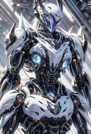 Create image of a futuristic, biomechanical warrior standing majestically. The figure is predominantly ivory and metallic silver with orange-glowing intricate patterns resembling circuitry across the body. Style is detailed and hyper-realistic, textures suggesting both organic and synthetic materials. The warrior's armor is highly ornamental and segmented, comprising layered plate-like structures with curvilinear edges and sharp spikes. The helmet features elongated, horn-like protrusions that arch backwards and taper to fine points, with a V-shaped visor that obscures the eyes, emitting an orange glow. Proportions are heroic, slightly elongated and exaggerated, with broad shoulders and a tapered waist, creating an imposing presence. The armor's design is anatomical, with each piece following the form of the muscles beneath. The background is a deep space scene, predominantly black with soft white star highlights, providing contrast that emphasizes the figure. There are subtle nebulas with faint hints of blue and purple, adding depth but not distracting from the main subject. The foreground focuses on the figure, with no additional elements to challenge the dominance of the warrior. Light sources seem to come from multiple directions, creating dynamic lighting which accentuates the textures and details of the armor, especially the glowing patterns. multiple view (front, side and back views)