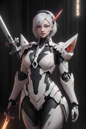 mecha_musume_color_red_black_and white, 1girl, short_hair, white_hair, science_fiction, weapon, sword, holding_sword, blue_eyes, solo, headgear, holding_weapon, mecha, standing, Hyper Detailed, Cinematic Lighting Photography capturing every intricate detail, shot on nvidia rtx for realism, showcasing super-resolution and rendered in Unreal 5. Enhanced with subsurface scattering and PBR texturing for a lifelike appearance, in stunning 32k UHD resolution. 