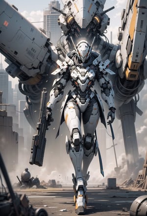 full body shot, glass robot with gun and turret on the shoulder, glass effect on bodywork, massive weapon , glass robot showing anatomy part, hyper realism, iconic photography , intense battlefield background --ar 2:3 --niji 6 --style raw