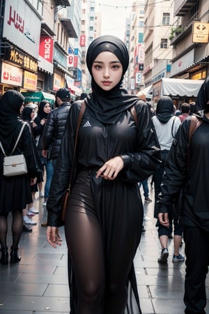 a woman wearing a hijab walking down a street, a character portrait by Ambreen Butt, trending on tumblr, hurufiyya, young middle eastern woman, hijab, iranian, college student in background, crowded cafe, blur background, bokeh,Futuristic,Sci Fi