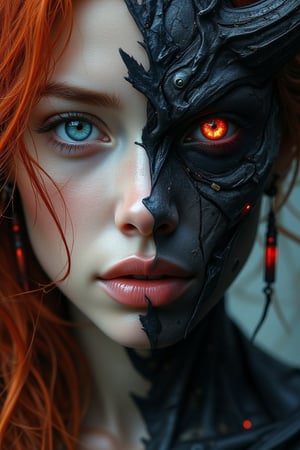 This digital artwork showcases a strikingly detailed portrait of a female character embodying the theme of duality through a mesmerizing split face. The left side of her face resembles that of a human, featuring flawless fair skin that seems to glow, cascading long red hair that flows gracefully around her shoulders, and a piercing blue eye that radiates an ethereal, serene aura, almost sparkling as it captures the light. In stark contrast, the right side reveals a demonic visage, with dark, textured skin that appears almost alive, rich with depth and shadow. A bright, fiery red eye gleams with a fierce intensity, hinting at hidden power and malevolence. Prominently featured is a prominent black horn that curves dramatically upwards, its surface detailed with ridges and patterns that catch the ambient light. The split between the two halves is vertical and irregular, resembling a jagged fissure that adds to the dynamic tension of the piece. The background is artfully blurred, creating a dreamlike quality that enhances the focus on the character's face. The image is rich in intricate details, with subtle textures in the skin and hair, combined with expertly crafted lighting effects that emphasize the dramatic contrast between the two halves, resulting in a visually captivating composition that draws the viewer in and evokes a sense of wonder and intrigue.,darklord armour