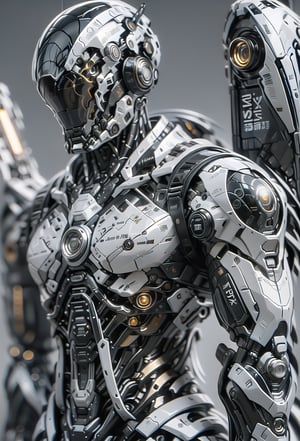 Mecha robot, solo with mechanical wings, dual-wielding glowing beam sabers against a grey background, hyper-detailed with realistic figure, cinematic lighting, and ray tracing. The composition is set with dramatic angles and depth of field, showcasing advanced PBR texturing, HDR, and super-resolution in Unreal 5, with maximum clarity and sharpness.