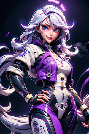 full view length of a android, mechanical arms, lightning, purple lightning, clouds, (dark theme:1.3), outstretched arms, wide eyed, limited pallete, cinematic lighting, backlight, white hair, absurdly long hair, hair over one eye, purple eyes, seductive smile, evil smile, wide-eyed, head tilt, white jacket, purple, purple theme, open mouth, constricted pupils, sitting with hands on hip, front view, from front, stable diffusion, HDR, UHD, 32K 