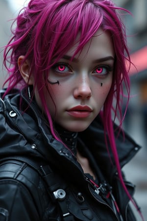 Pretty female android with colored magenta eyes, magenta hair, wearing a black jacket, cyberpunk, outdoor, street, hyperrealism, photorealistic, 8k, unreal engine, 3d render --ar 9:16 --niji 5 --style expressive --s 400