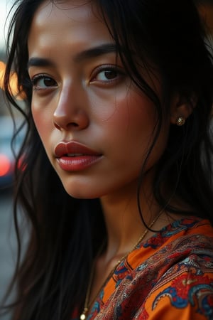 Cinematic portrait of a beautiful Malay woman, early 30s, warm bronze skin, almond-shaped dark eyes, long black hair cascading over shoulders. Wearing a vibrant beautiful patterned and intricate cloth. Soft, dramatic lighting emphasizing facial features. Shallow depth of field, background slightly blurred suggesting a Malaysian cityscape at dusk. High-resolution, photorealistic detail, shot on Arri Alexa camera, 35mm lens, f/2.8 aperture.