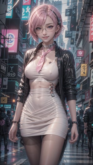 (masterpiece), best quality, high resolution, highly detailed, detailed background, perfect lighting, 1girl, pink hair, short hair, slender, medium breasts, smile, blush,  glasses, jacket, short dress, necktie, between_breasts, pantyhose, (cyberpunk:1.4), street, night, city, outdoor, sci-fi, futuristic clothes, ,Futuristic