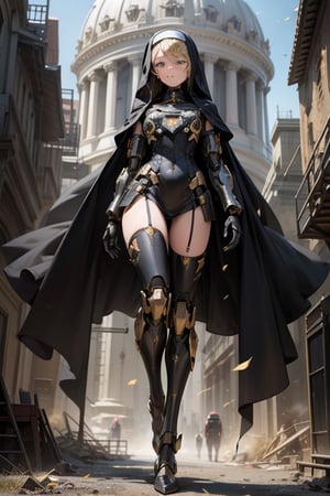 Elegant Girl, One Mecha Girl, Full Body Portrait, Humanoid Nun Mecha, Dark, Si-Fi, post apocalype, Sky Blue Eyes, Nun style Mecha, Extreme Detailed, Realistic, Black and Gold, beautiful Leg