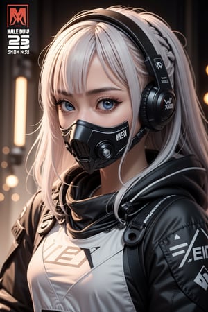 A comic cover with white title text "CALL OF DUTY" written in vibrant white grunge brush font depicting anime style extreme close up, 3/4 quarter profile, Malay woman wearing a tattered hood with intricate skull-patterned mask covering her mouth and nose stares intensely into the distance, gripping aiming a target with a sniper rifle. blue eyes, long, ethereal pink hair cascades from beneath the hood, contrasting with the dark, muted tones of the clothing ,on the bottom is a red text "Kimi Shinoda" , flat yellow background