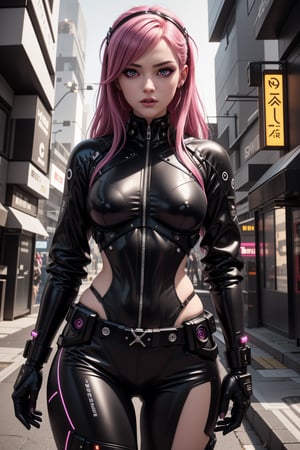 Pretty female android with colored magenta eyes, magenta hair, wearing a black jacket, cyberpunk, outdoor, street, hyperrealism, photorealistic, 8k, unreal engine, 3d render --ar 9:16 --niji 5 --style expressive --s 400