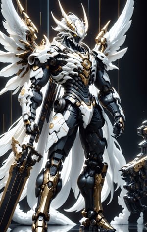 An white dragon Robot Mecha Soldier, Wearing Futuristic gold and black Soldier Armor and Weapons, with mechanical wing and holding the big sword, Reflection Mapping, Realistic Figure, Hyper Detailed, Cinematic Lighting Photography, nvidia rtx, super-resolution, unreal 5, subsurface scattering, pbr texturing, 32k UHD