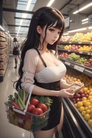 there is a woman standing in front of a produce section, getting groceries, shopping groceries, stood in a supermarket, in style of digital illustration, detailed fanart, high quality fanart, cartoon digital painting, in an anime style, official fanart, digital drawing, artwork in the style of guweiz, in the art style of bowater, in anime style, urban girl fanart