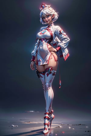 create a full body length of a 1girl, solo, young woman, huge boob, short hair, white hair, blue eyes, smiling, female focus, wearing queen crown, white jacket, white cheongsam, short cheongsam, mecha, wearing high heel, front view, standing confidently with spread leg and hands on hip, perfect hands, Hyper Detailed, Cinematic Lighting Photography capturing every intricate detail, shot on nvidia rtx for realism, showcasing super-resolution and rendered in Unreal 5. Enhanced with subsurface scattering and PBR texturing for a lifelike appearance, in stunning 32k UHD resolution.,PERFECT,FUTURISTIC