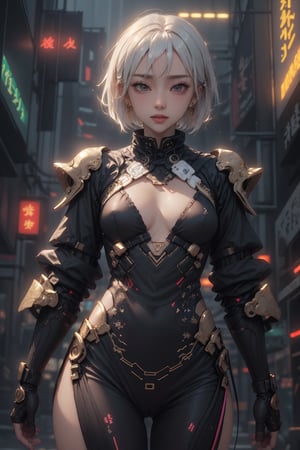 Sexy Pose , (masterpiece), (solo), 1 Japanese beauty, White hair ,  (high sexual attraction, short hair), in the dark night, (sexy white and gold Chinese Hanfu+body implants) ,(highly detailed background of ancient Indian achitechture with neon lights),Futuristic