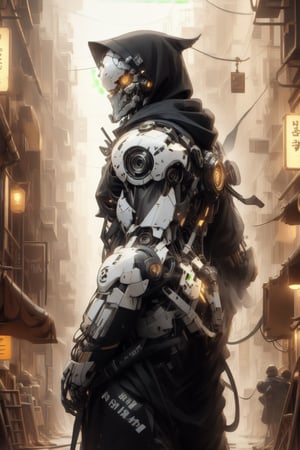 In a tight close-up shot, the camera captures the intense gaze of a muscular cyberpunk cybernetic black skeleton, wears a tattered black hoodie. white armor plates, casting long shadows across the dark alleyway. dynamic pose, In the city's dark streets stretch out like a canvas of uncertainty. ultra realism, photography, Cinematography style, 16k clear resolution, ultra HD, sharp realistic details, realistic shadows, more realistic appearance, realistic vision, clear detailed background, cinematic shot, sharp focus, texture light, real-time lighting, high key lighting, clear ultra-high texture, ultra-high quality, ultra-high clarity, clear ultra-high detailed, high definition. V-ray, ray tracing, vibrant colors, anti-aliasing, shadows.