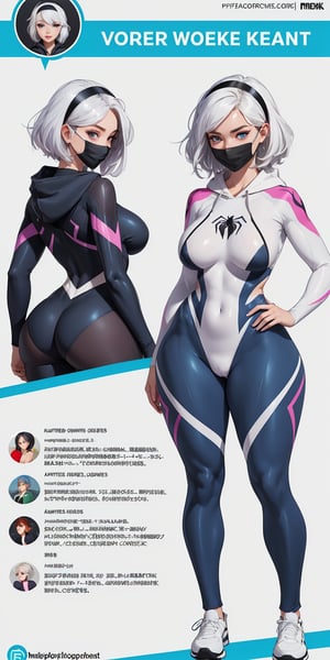 More Detail, Detailedeyes, Detailedface, (1 girl, young female, white hair, short hair, blue eyes, curvy, large breasts, large ass, thick thighs, wide hips, abs, voloptuous), (spider-gwen suit, face mask, hoodie, hairband), BREAK (Infographic drawing, The concept character sheet, Multiple sexy poses)