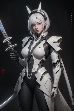 mecha_musume_color_red_black_and white, 1girl, short_hair, white_hair, science_fiction, weapon, sword, holding_sword, blue_eyes, solo, headgear, holding_weapon, mecha, standing, Hyper Detailed, Cinematic Lighting Photography capturing every intricate detail, shot on nvidia rtx for realism, showcasing super-resolution and rendered in Unreal 5. Enhanced with subsurface scattering and PBR texturing for a lifelike appearance, in stunning 32k UHD resolution. 