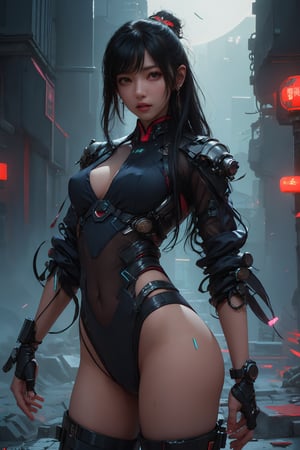 Sexy Pose , (masterpiece),(solo), 1 Japanese beauty, white hair ,  (high sexual attraction,long hair), in the dark night, (sexy Chinese Hanfu+body implants) ,(highly detailed background of ancient Indian achitechture with neon lights) ,Cyberpunk,Enhance,  Chinese fantasy art