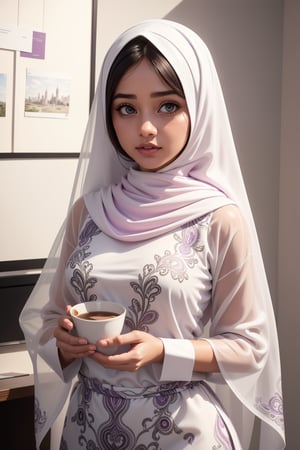 digital illustration painting on wet canvas of beautiful white moeslima woman,soft makeup,wearing soft purple color hijab and light purple blouse with green paisley print,holding a cup of lattee.bg well decorated cafe ,soft realism,soft painterly,modern soft pastel colors,bold stroke lines,white background,negative space,inspired by Alena Tkach