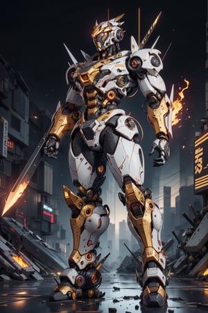 masterpiece,nijimecha,Golden samurai mechs,heavy mechs,heavy armor,energy cores,crystals,stubby limbs,glowing eyes,fire,glow,standing,taller,larger,no human,neon punk,Glitch Art,universe, depth of field --niji 6 --style raw --ar 63:74