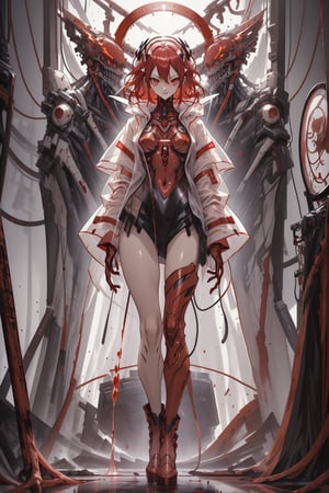 red eyes,and an ominous aura,red flame inside body, wine and flaming splash, wearing a high heels boots, wearing a pearl-white nanotechnology's loosely big Vega-punk-Luffy raincoat and wearing a hyper nano skeleton-evangelion ceramics mirror armor design.