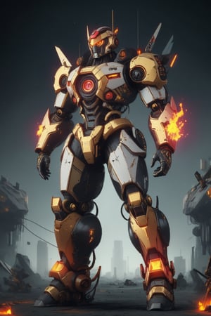 masterpiece,nijimecha,Golden samurai mechs,heavy mechs,heavy armor,energy cores,crystals,stubby limbs,glowing eyes,fire,glow,standing,taller,larger,no human,neon punk,Glitch Art,universe,