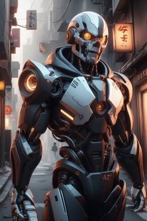 In a tight close-up shot, the camera captures the intense gaze of a muscular cyberpunk cybernetic black skeleton, wears a tattered black hoodie. white armor plates, casting long shadows across the dark alleyway. dynamic pose, In the city's dark streets stretch out like a canvas of uncertainty. ultra realism, photography, Cinematography style, 16k clear resolution, ultra HD, sharp realistic details, realistic shadows, more realistic appearance, realistic vision, clear detailed background, cinematic shot, sharp focus, texture light, real-time lighting, high key lighting, clear ultra-high texture, ultra-high quality, ultra-high clarity, clear ultra-high detailed, high definition. V-ray, ray tracing, vibrant colors, anti-aliasing, shadows.