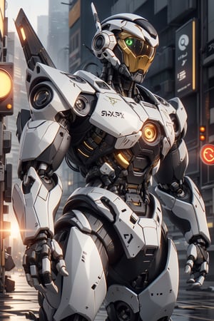 Create an poster image full lenght of a white dragon Robot Mecha Soldier, wearing Futuristic gold and white Soldier Armor and Weapons, Front View, Bring The Weapon, Reflection Mapping, Realistic Figure, Hyper Detailed, Cinematic Lighting Photography, hdr, ray tracing, nvidia rtx, super-resolution, unreal 5, subsurface scattering, pbr texturing, post-processing, anisotropic filtering, depth of field, maximum clarity and sharpness, hyper realism, depth of field --ar 51:64 --niji 6 --style raw