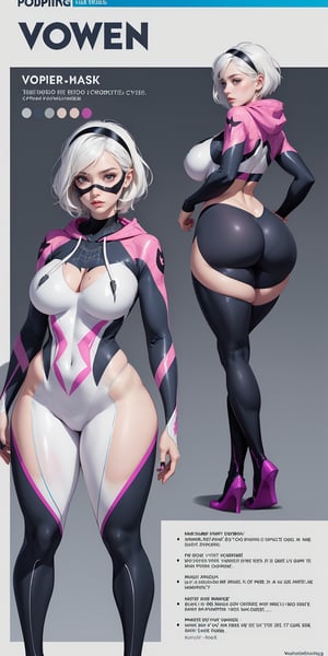 More Detail, Detailedeyes, Detailedface, (1 girl, young female, white hair, short hair, blue eyes, curvy, large breasts, large ass, thick thighs, wide hips, abs, voloptuous), (spider-gwen suit, face mask, hoodie, hairband), BREAK (Infographic drawing, The concept character sheet, Multiple sexy poses)