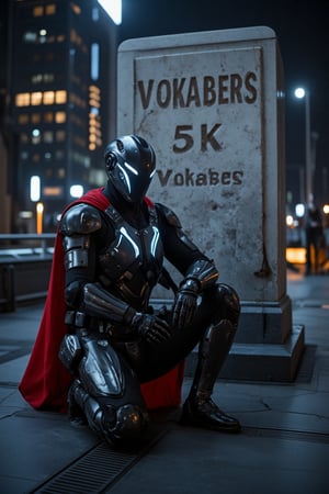 A photo of a futuristic cyborg in a full-body power suit made of black matte metal and polymer, with a full crystal hull. The suit is designed like a medieval knight, with a red cape. The suit is designed for a fit man and is imposing, modern, and futuristic. There are few parts of the suit that are glowing with neon lights, but the overall design is minimalistic. The cyborg is kneeling in front of a gigantic, large square marble testament tablet with the big cuneiform style fonts text "5K Vokabers". The background is a dystopian futuristic city at night. The overall image has a dystopian and mysterious ambiance.