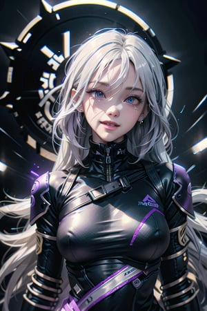 android, mechanical arms, lightning, purple lightning, clouds, (dark theme:1.3), outstretched arms, wide eyed, limited pallete, cinematic lighting, backlight, white hair, absurdly long hair, hair over one eye, purple eyes, seductive smile, evil smile, wide-eyed, head tilt, white jacket, purple, purple theme, open mouth, constricted pupils, ,Futuristic