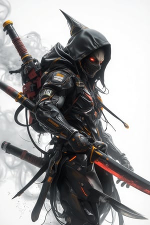 line art 2.5D anime style, an ninja assassin,.wear hoodie, wear a  half assassin mask, wield a dual blade with grip at center part, curving like a moon shape, white background, fully with smoke and foggy (line stroke style), the art mixing with black, white, orange and red colors