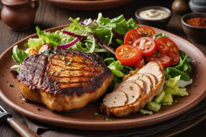 Large chicken chop steak, in baked potatoes with spices. On the sides with an amazing looking salad. In a terracotta plate, sharp focus, studio shot, intricate details, extremely detailed, by Fedya Serafiev.