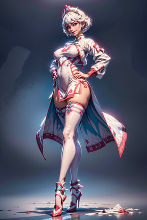 create a full body length of a 1girl, solo, young woman, huge boob, short hair, white hair, blue eyes, smiling, female focus, wearing queen crown, white jacket, white cheongsam, short cheongsam, mecha, wearing high heel, front view, standing confidently with spread leg and crossed arms, perfect hands,