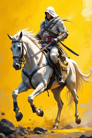 A vibrant high-contrast oil painting, a fantasy concept with vibrant lighting effects & blurred composition, white, yellow and grey colors, and vividly vibrant yellow accented light reflections on horse & rider from the side. chromatic-yellow & grey with textured brushstrokes and blurred edges Assassin's Creed character on horseback in a dynamic action scene, against a stylized yellow background with dramatic brushstrokes, in a fantasy art style, set on a simple background.
--no black colours or dark
--v 6.1 --ar 2:3 --s 1000 --q 2