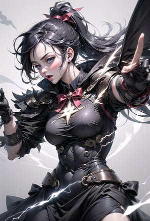 score_9,score_8_up,score_7_up,score_6_up, masterpiece, best quality, 8k, 8k UHD, ultra-high resolution, ultra-high definition, highres
,//Character, 
1girl, solo,narberal gamma \(overlord\), long hair, black hair, glay eyes, bangs, ponytail, medium breats
,//Fashion, 
ribbon, bow, maid, dress, armor, gloves
,//Background, white_background
,//Others, ,Expressiveh, 
lightning magic charging, glowing magical runes, electric magic, lightning, Her hands command orbs of electric, a raging lightning dances, action shot, fighting stance, dynamic pose