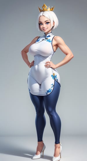 create a full body length of a 1girl, solo, young woman, huge boob, short hair, white hair, blue eyes, smiling, female focus, wearing queen crown, sleeveless, white cheongsam, short cheongsam, wearing leggings, wearing high heel, front side view, standing confidently with spread leg and hands on hip