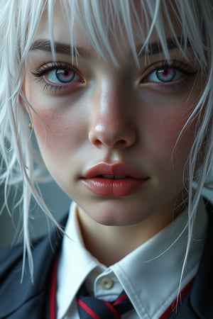 (dramatic:1.4) , hyper detailed , cover magazine featuring a realistic sexy girl with, a pretty face, white hair, (bob long haircut style) , purple eyes, (sexy school uniform:1.2), vivid colors, 8k, UHD, HDR, (Masterpiece:1.5) , (best quality:1.5) ,