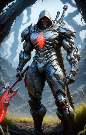 A futuristic sci-fi scene featuring the neon man, a mysterious figure with intricate details on his skin and armor, standing in an eerie overgrown field. The air is electric as he swings a majestic scythe with a steel chain handle, illuminating the darkness with a mesmerizing neon red glow. In the background, remnants of a forgotten civilization loom large, shrouded in shadows and mystery. Cinematic film still, dark fantasy, high budget, shallow depth of field, vignette, highly detailed, bokeh, cinemascope, moody, epic, gorgeous, film grain, grainy